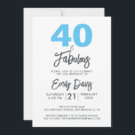 Blue 40 och Fabulous | 40:e födelsedagen Party Inbjudningar<br><div class="desc">En chic,  elegant,  40-årsfotoinbjudan kan du anpassa och skicka ut för din 40-födelsedagsfests firande. Ord "40 och Fabulous" i svart och blått ställs in med elegantens kalligrafi och modern typografi. Enbart designad för dig med Lycklig Dolphin Studio! @glydolphinstudio</div>