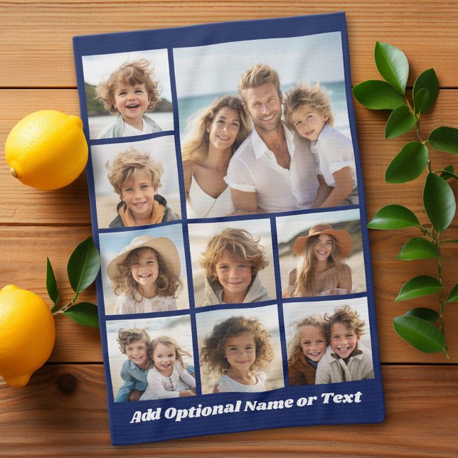 Blue 9 Photo Square Collage - med skript vitt Kökshandduk (Custom Kitchen Towel with Photo Collage)