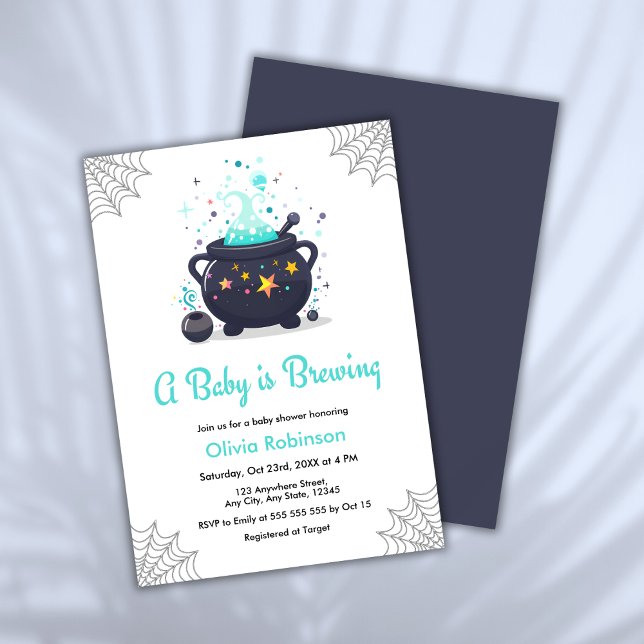 Blue A Baby brinner Halloween Baby Shower Inbjudningar (Blue A Baby is Brewing Cauldron Halloween Boy Baby Shower Invitation   )