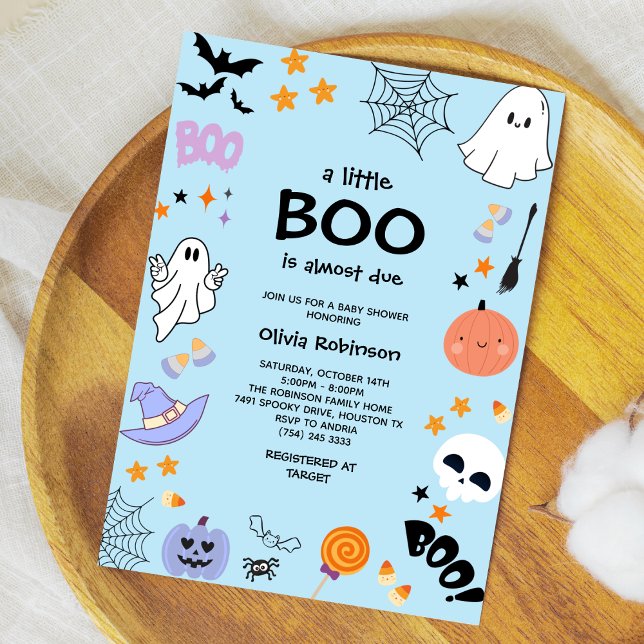 Blue A Little Boo Cute Ghost Halloween Baby Shower Inbjudningar (Blue A Little Boo is Almost Due Cute Ghost Halloween Baby Shower Invitation )
