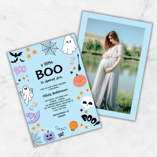 Blue A Little Boo Cute Photo Halloween Baby Shower Inbjudningar (Blue A Little Boo Cute Photo Halloween Baby Shower Invitation )