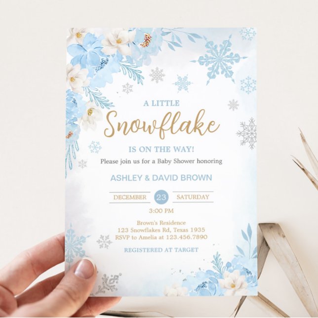 Blue A Little Snowflake Baby Shower Inbjudningar (Blue Winter Snowflake Baby Shower Invitation)