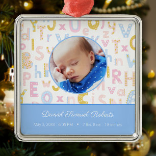 Blue ABC Birth Stat Pojke Photo jul Julgransprydnad Metall