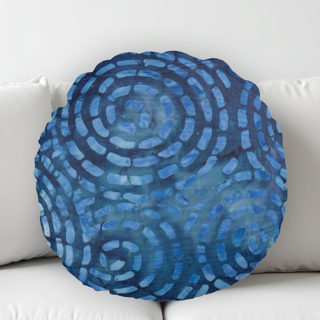 Blue Abstrakt Spiral Boho Batik Rund Kudde (Skapare uppladdad)