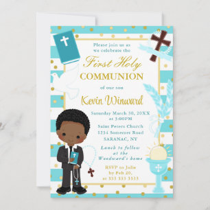 Blue African American Boy First Heliga Communion Inbjudningar