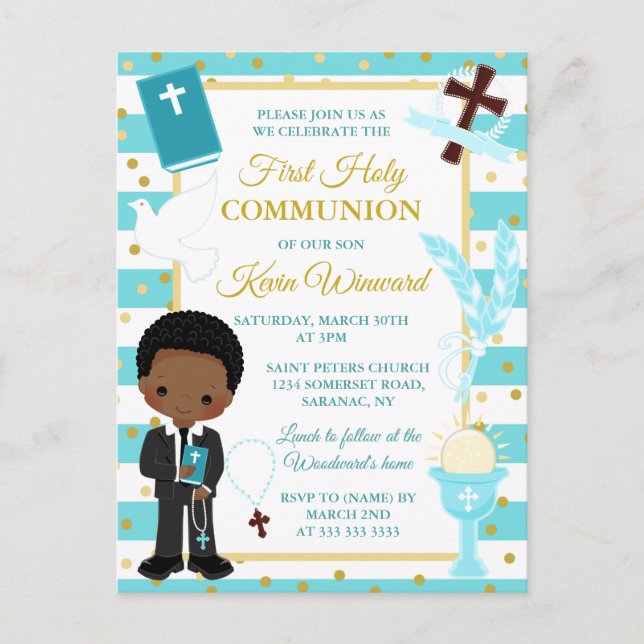 Blue African American Boy First Heliga Communion Vykort (Framsida)
