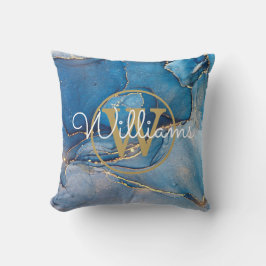 Blue Agate Geode Guld Monogram Namn Kudde