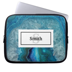Blue Agate Geode Sten med Namn och Monogram Laptop Fodral