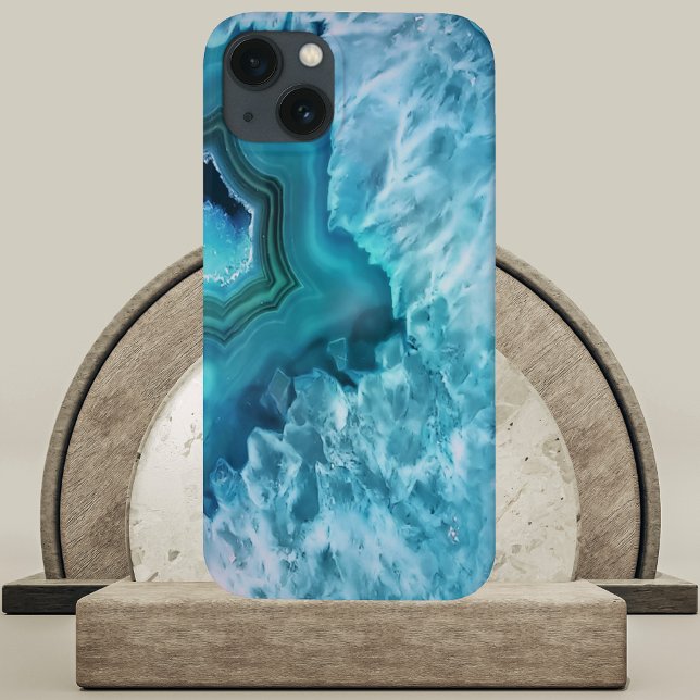 Blue Agate Semi Precious Gemstone Geode Crystal (Blue Agate Semi Precious Gemstone Geode 
Slab Phone Case on Marble and Wood Podium)