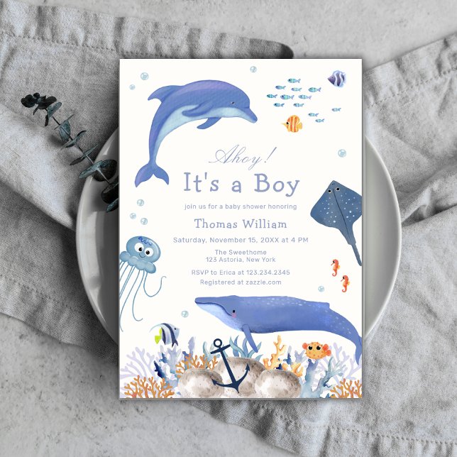 Blue Ahoy Ocean Dolphin Whale Boy Shower Inbjudningar (Blue Ahoy Ocean Dolphin Whale Boy Baby Shower Invitation)