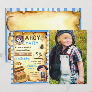 Blue Ahoy Treasure Karta Boys Pirat Foto Birthday Inbjudningar