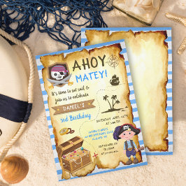 Blue Ahoy Treasure Karta Boys Pirat Inbjudningar