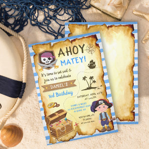 Blue Ahoy Treasure Karta Boys Pirat Inbjudningar