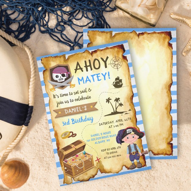 Blue Ahoy Treasure Karta Boys Pirat Inbjudningar (Skapare uppladdad)