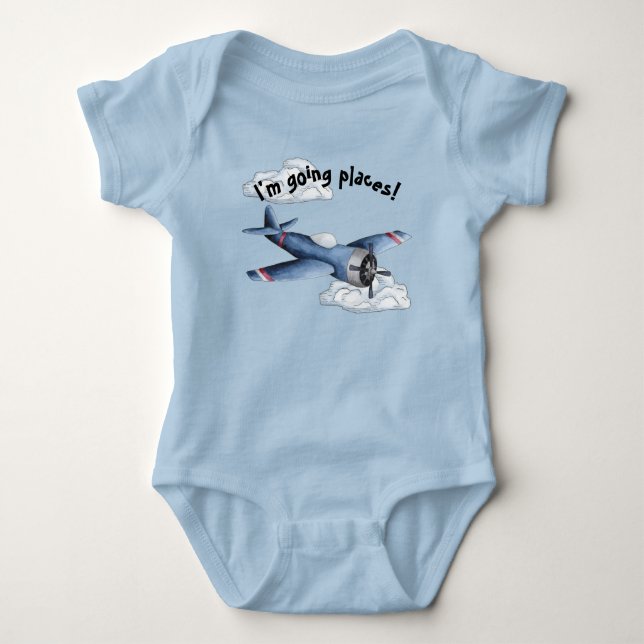 Blue Airplan Boy Baby Bodykostym T Shirt (Framsida)