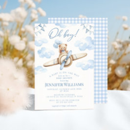 Blue Airplane Nalle Oh Boy Baby Shower Inbjudningar