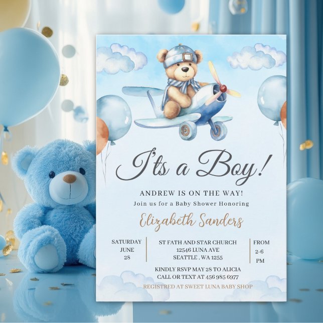 Blue Airplane Teddy Bear Baby Shower Invitation Inbjudningar (Skapare uppladdad)