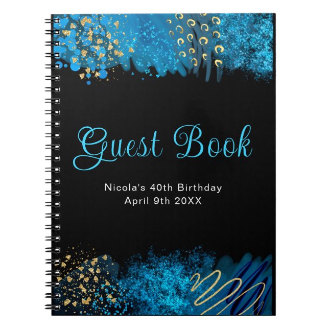 Blue Alcohol Ink Birthday Party Guest Book Anteckningsbok (Framsidan)