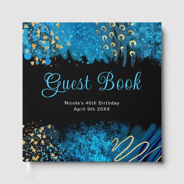 Blue Alcohol Ink Birthday Party Guest Book Gästböcker (Framsida)