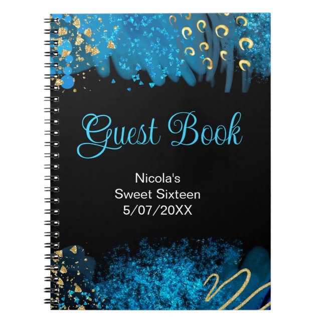 Blue Alcohol Ink Sweet 16 Birthday Guest Book Anteckningsbok (Framsidan)
