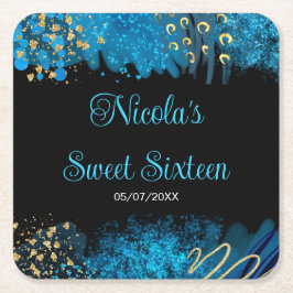 Blue Alcohol Ink Sweet 16 Birthday Party Underlägg Papper Kvadrat