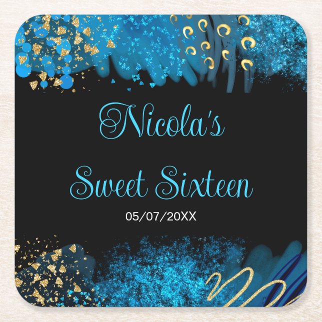 Blue Alcohol Ink Sweet 16 Birthday Party Underlägg Papper Kvadrat (Framsidan)