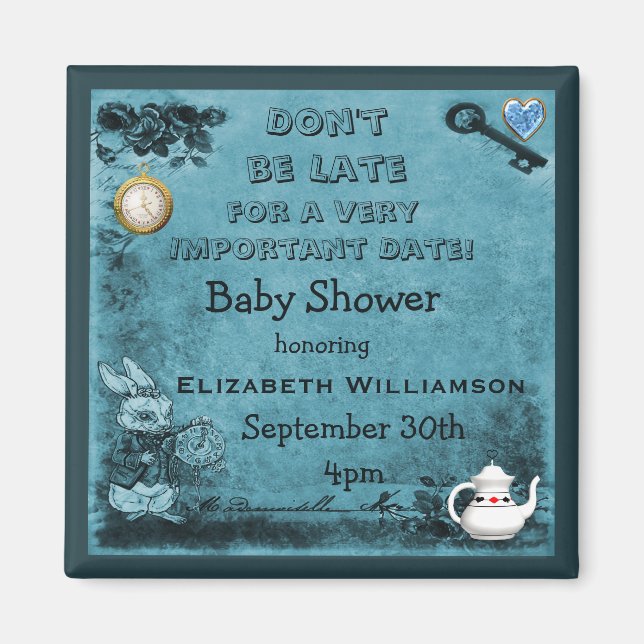Blue Alice i Wonderland Save Date Baby Shower Magnet (Framsidan)