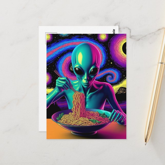 Blue Alien Eating Noodles  Vykort (Fram/Back In Situ)