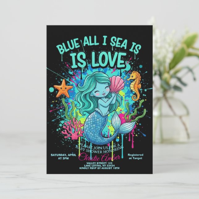 Blue All I Sea is Love Bridal Shower Invitation Inbjudningar (Stående Fram)