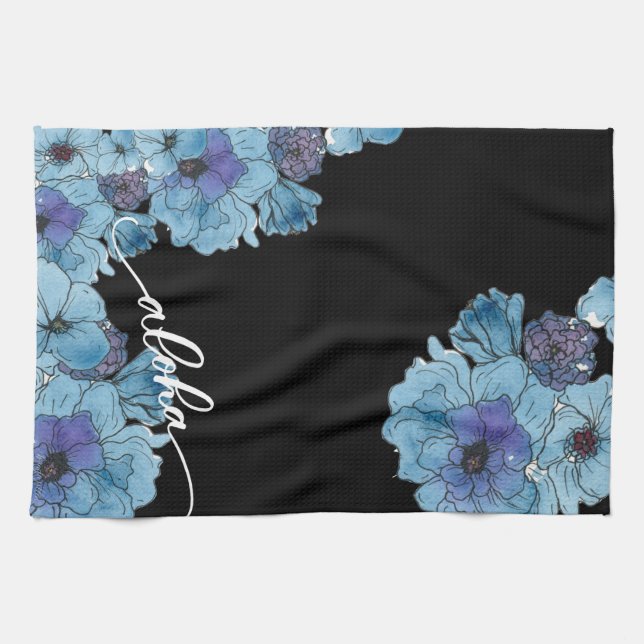 Blue Aloha Blommigt Kitchen Towel Kökshandduk (Horisontell)