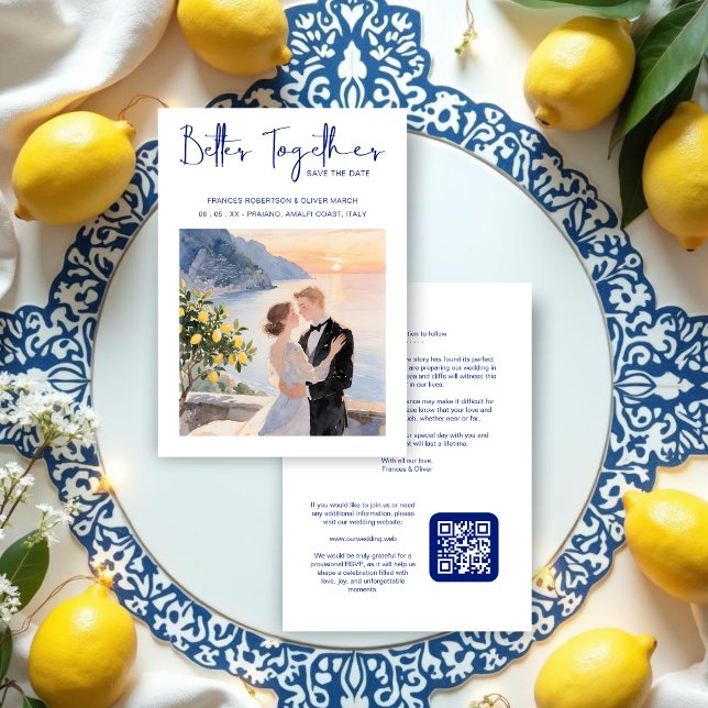 Blue Amalfi Coast Lemon Tree Chic Wedding Couple Spara Datumet (Blue Amalfi Coast Lemon Tree Chic Wedding Couple Save the Date Cards with Back QR Code. )