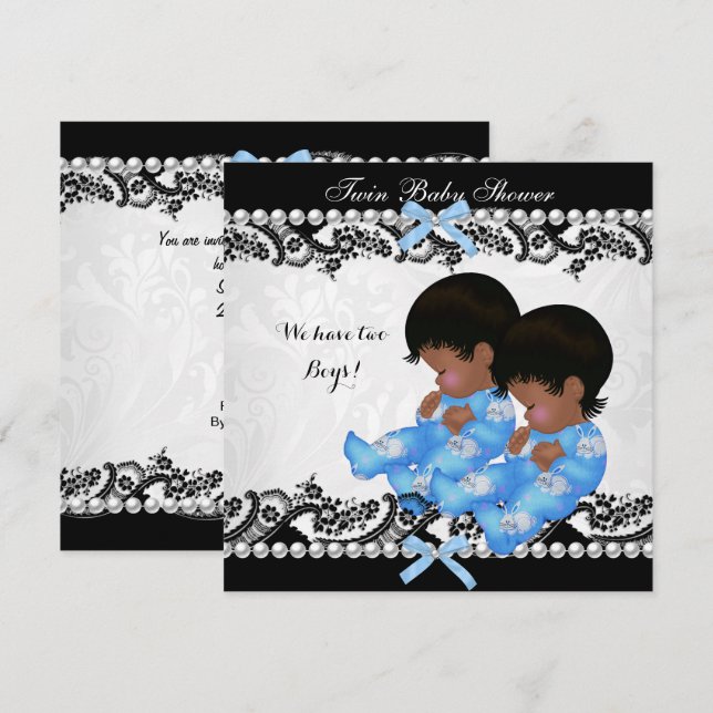 Blue American Twin Boys Baby Shower Blue Inbjudningar (Fram/baksida)