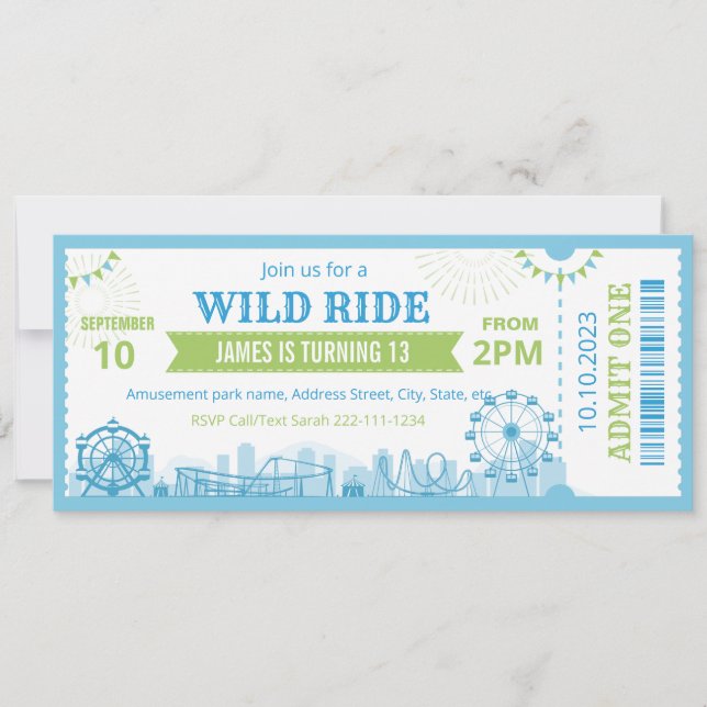 Blue Amusement Park Birthday Invitation Ticket  Inbjudningar (Framsida)