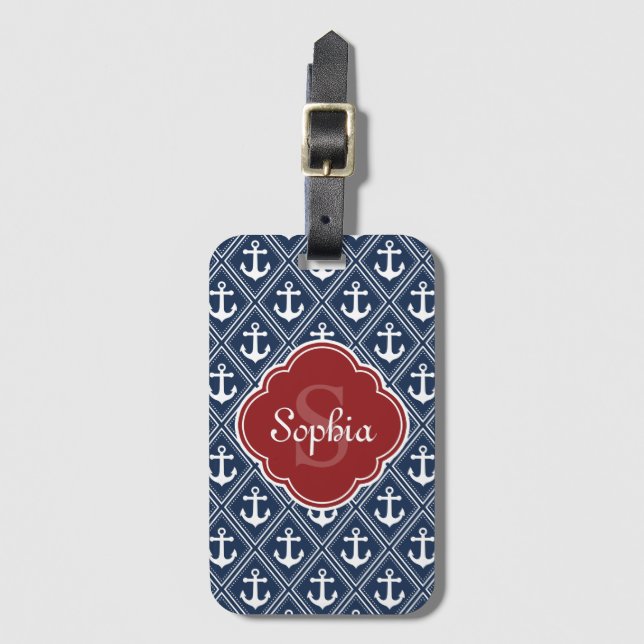Blue Anchor Mönster Red Monogram Bagagebricka (Framsida vertikal)