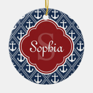 Blue Anchor Mönster Red Monogram Julgransprydnad Keramik