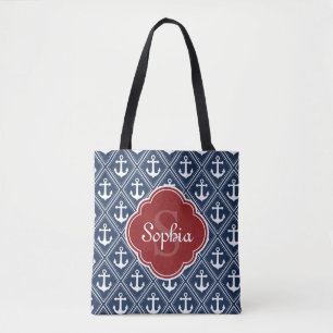 Blue Anchor Mönster Red Monogram Tygkasse