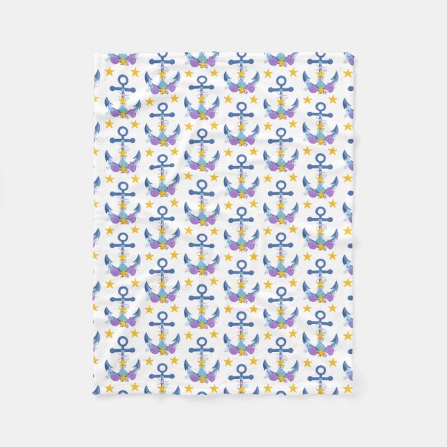 Blue Anchor Purple Seashells Yellow Starfish Fleecefilt (Framsidan)