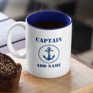 Blue Anchor & Rope Kapten Add Namn eller Boat Namn Två-Tonad Mugg