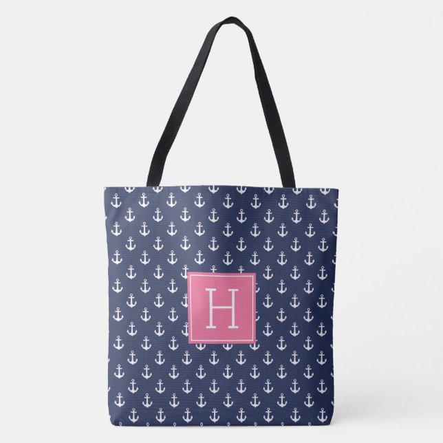 Blue Anchors Mönster och Rosa Monogram Tygkasse (Framsida)