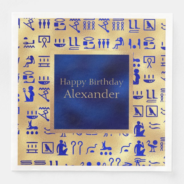 Blue Ancient Egyptian Hieroglyphics Art på Guld Pappersservett (Framsida)