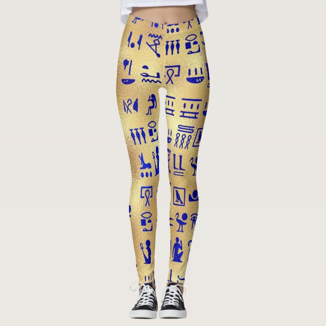 Blue Ancient Egyptian Hieroglyphics på Guld Leggings (Framsida)