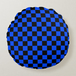Blue and black checkerboard pattern rund kudde