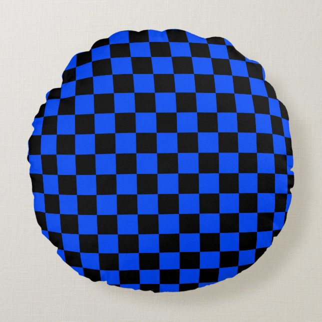 Blue and black checkerboard pattern rund kudde (Framsidan)
