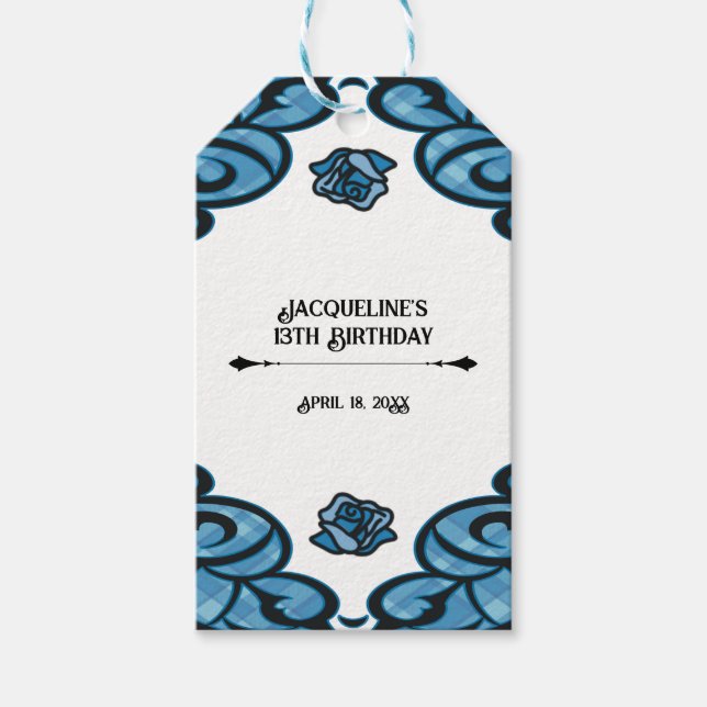 Blue and Black Gated Rose Princess Birthday  Gift Presentetikett (Framsidan)