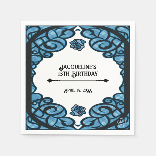 Blue and Black Gated Rose Princess Birthday  Pappersservett (Framsidan)