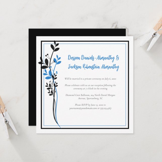 Blue and Black Modern Botanical Reception Only | Inbjudningar (Fram/Back In Situ)