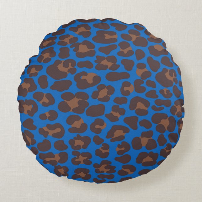 Blue and Brown Leopard Print Outdoor Pillow | Mode Rund Kudde (Framsidan)