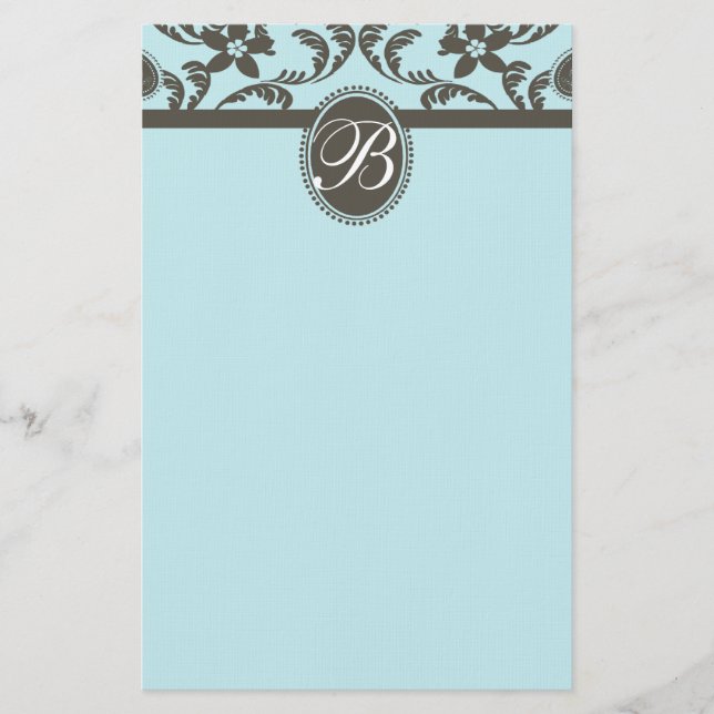 Blue and Brown Paisley Blommigt Monogram Brevpapper (Framsida)