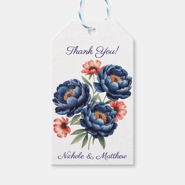 Blue and Burnt Orange Floral Wedding Thank You Presentetikett (Framsidan)