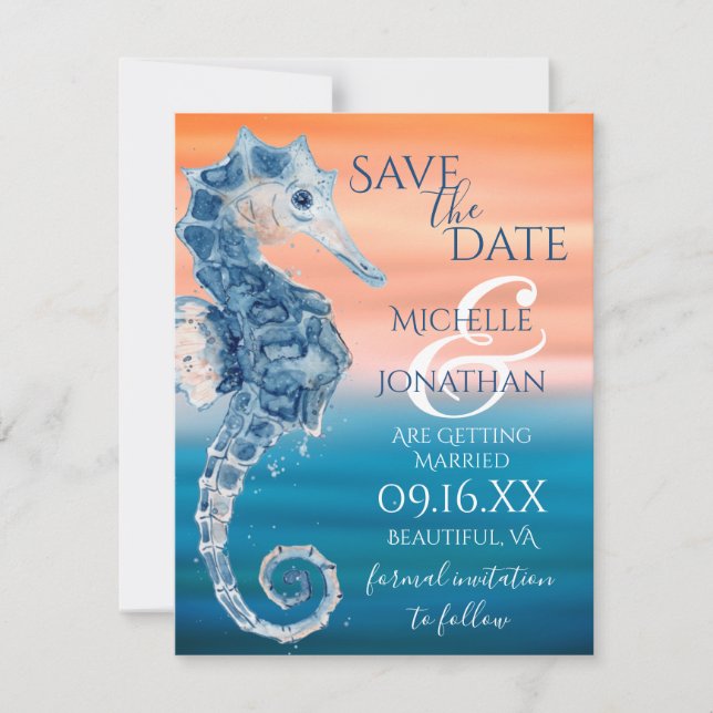 Blue and Coral Seahorse Beach Wedding Spara Datumet (Framsida)